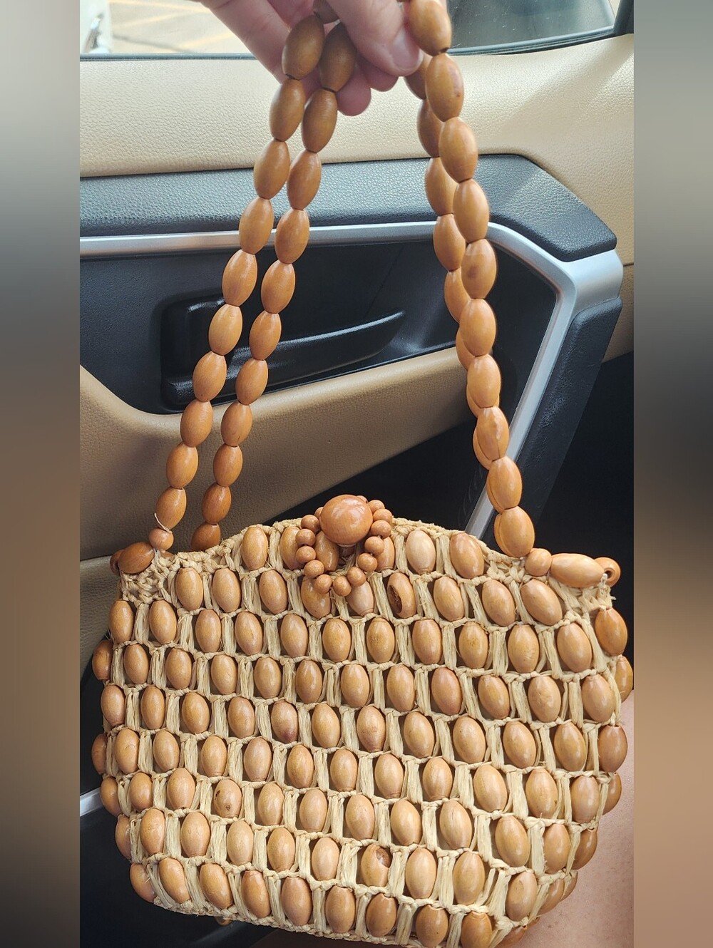 Vintage 60s Walborg Handmade Wood Bead & Woven Straw Boho Handbag